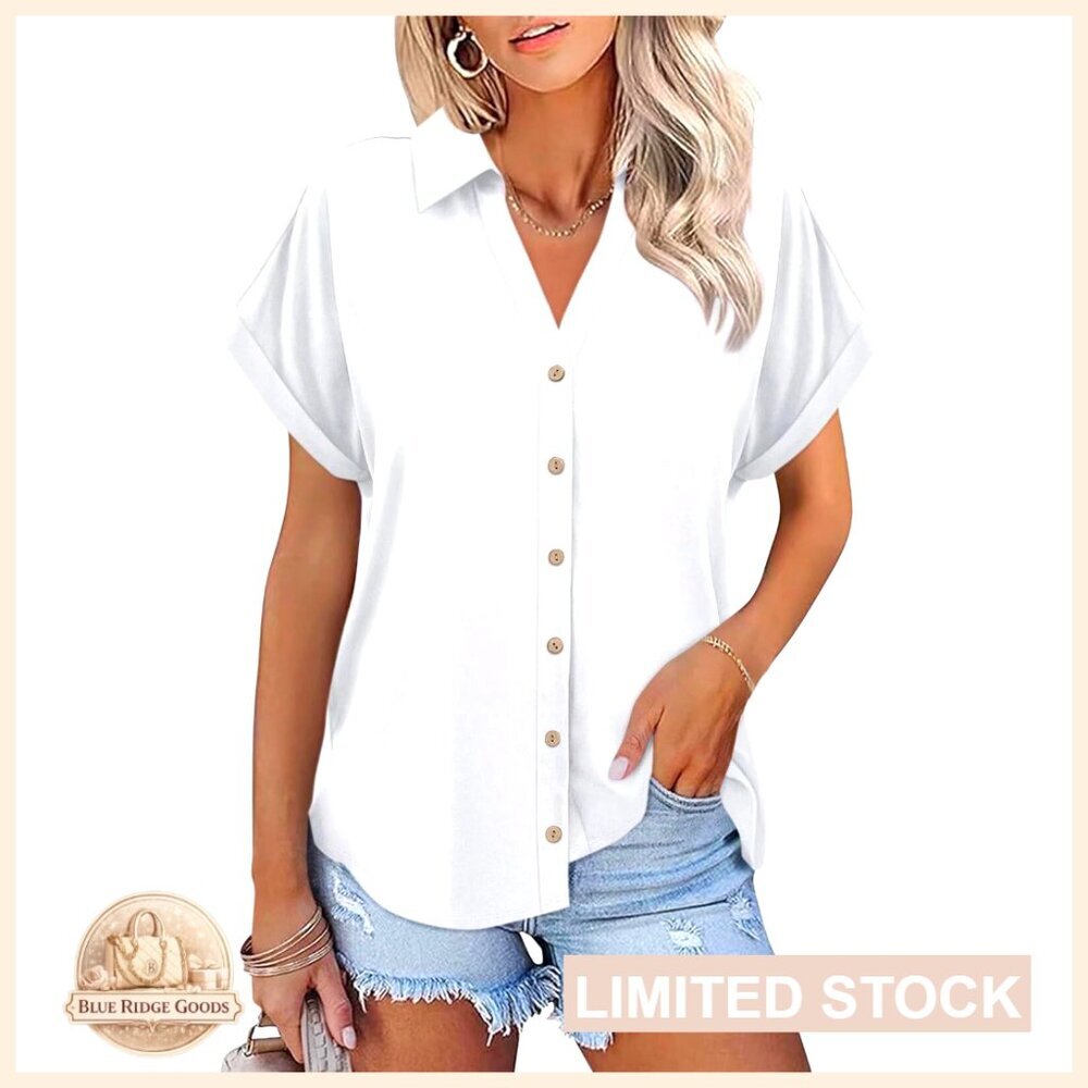 Short Sleeve Polo Top Button Down Collared Tee Casual Preppy Chic Summer Wear
